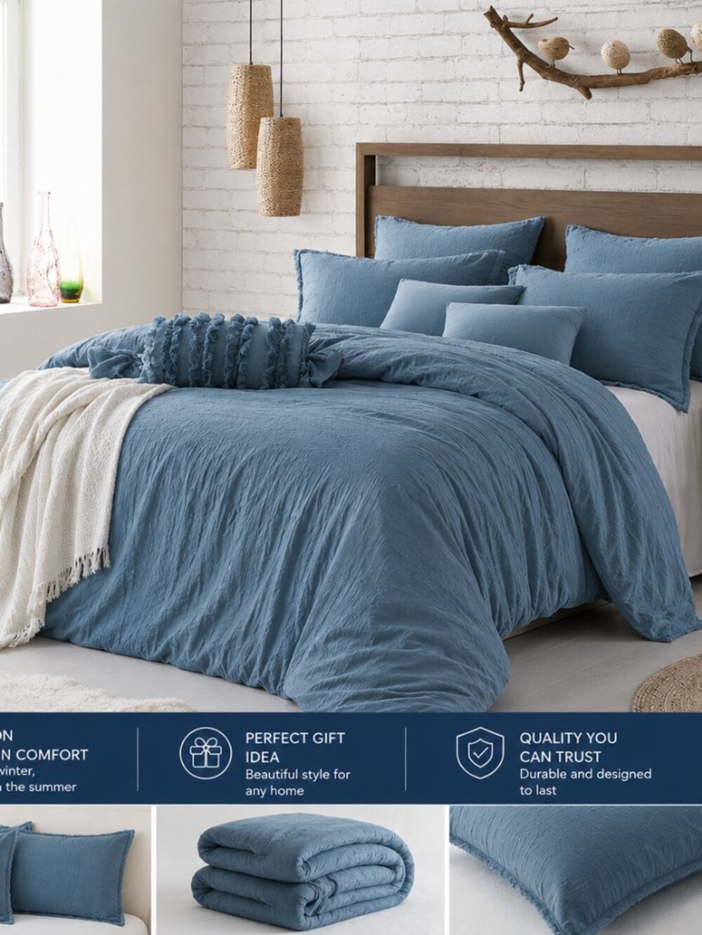 Swift Home Ultra-Soft Prewashed Wrinkle Texture Duvet Cover Set, Solid, Blue Dus